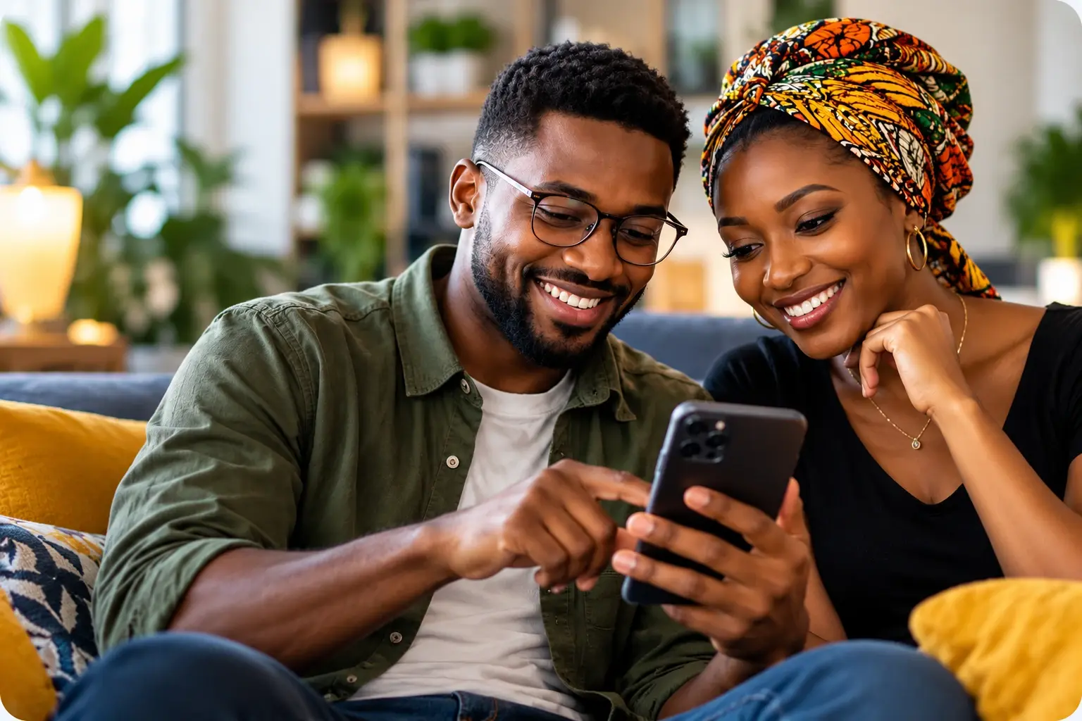 Un couple souriant consulte des annonces sur un téléphone, assis dans un salon